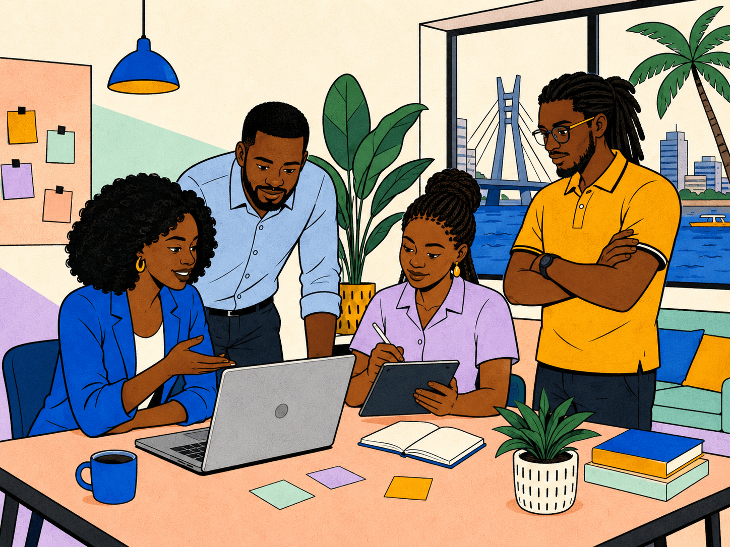 A small RideFi team in a Lagos workspace shipping the next release together