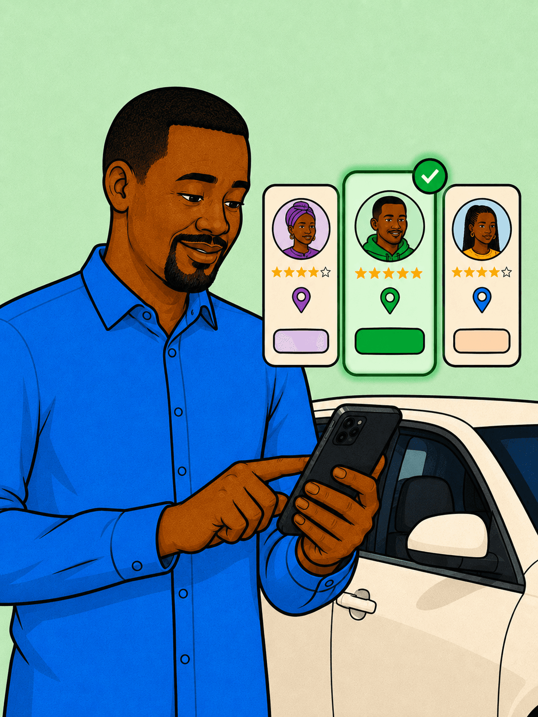 RideFi accept and decline interface for a driver reviewing rider requests