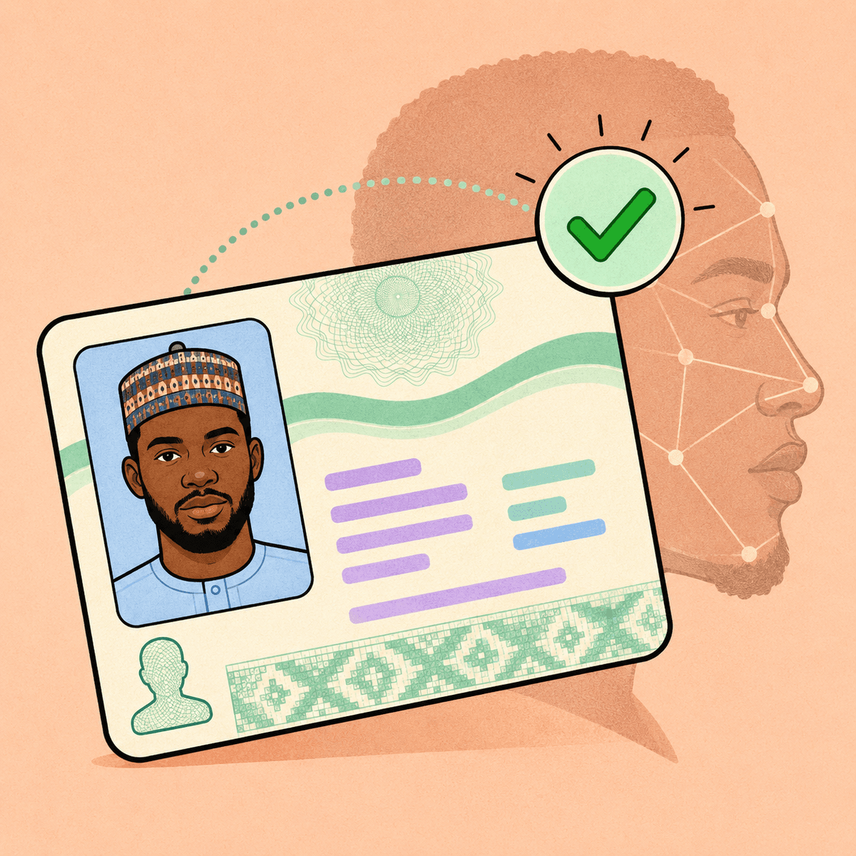 Verified identity badge with a government ID card and a selfie match check