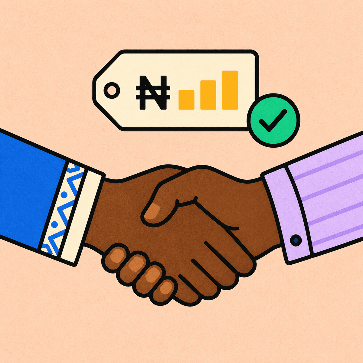 Handshake icon with an agreed fare price tag locked between a rider and a driver