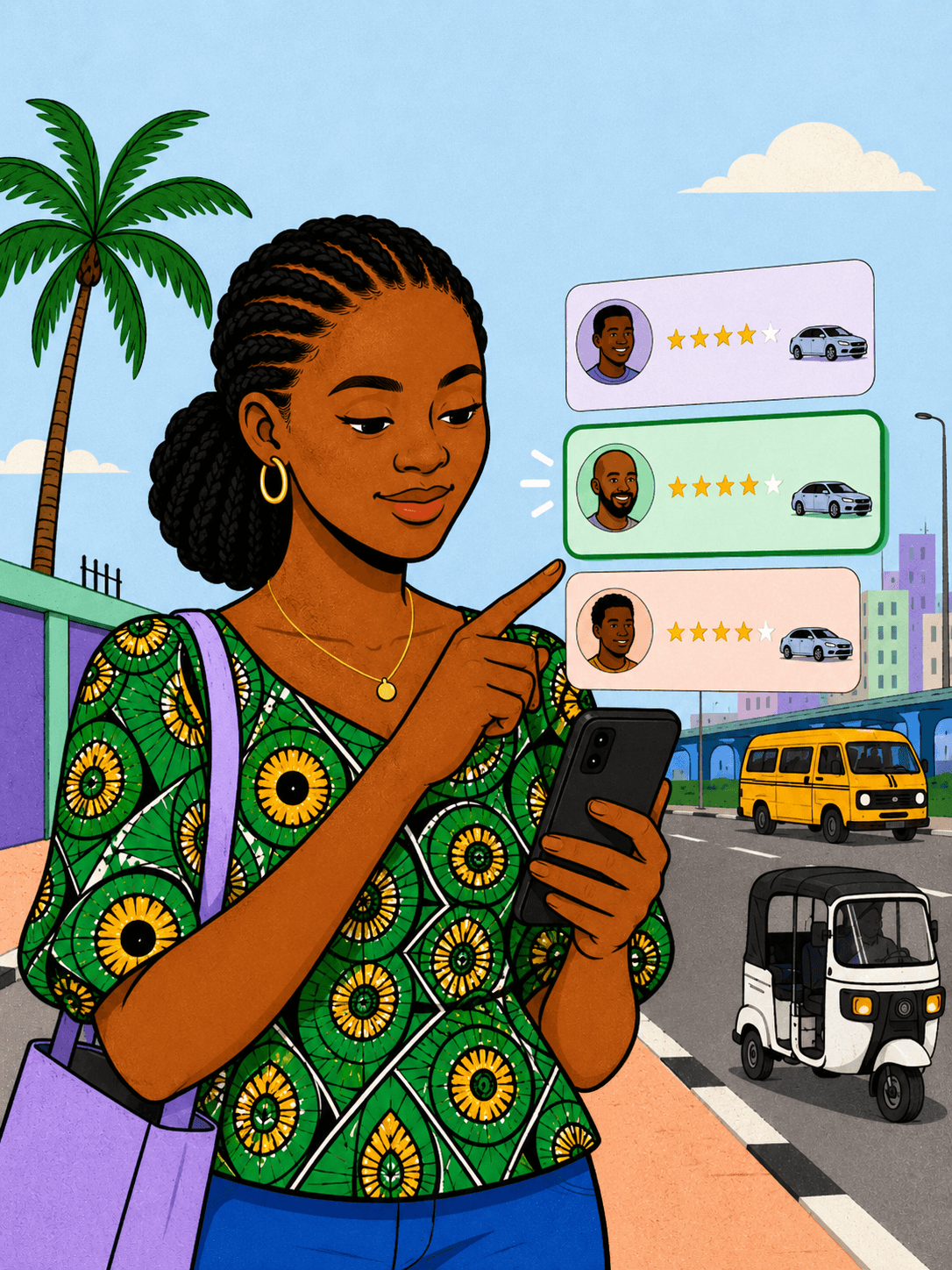 RideFi driver selection screen showing verified driver profiles with photo, rating, and vehicle details