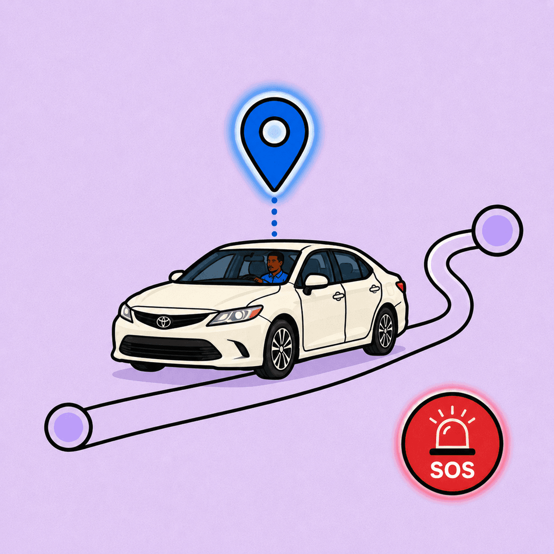 Active ride with the SOS button one tap away from emergency services and the RideFi safety team