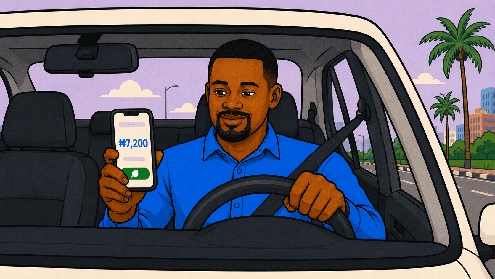 Lagos driver waving from a verified car at sunrise, ready for the first ten commission-free trips