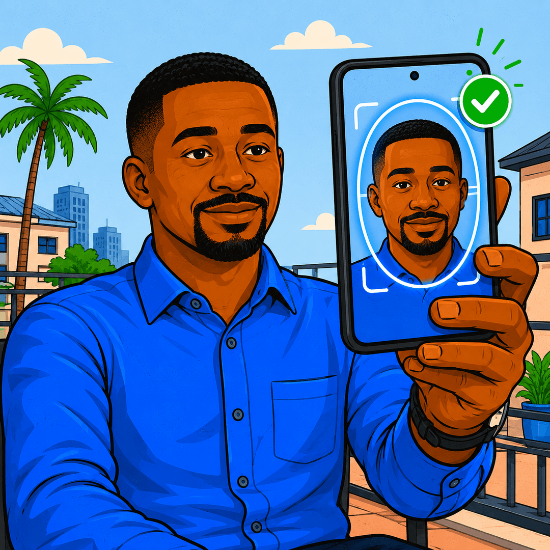 Phone capturing a live selfie with a face-positioning frame for verification