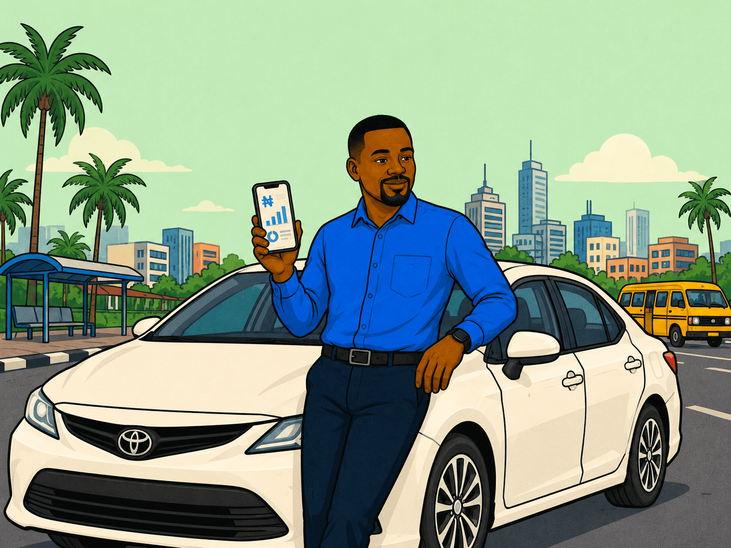 A Lagos driver counting wallet earnings after dropping off a verified rider