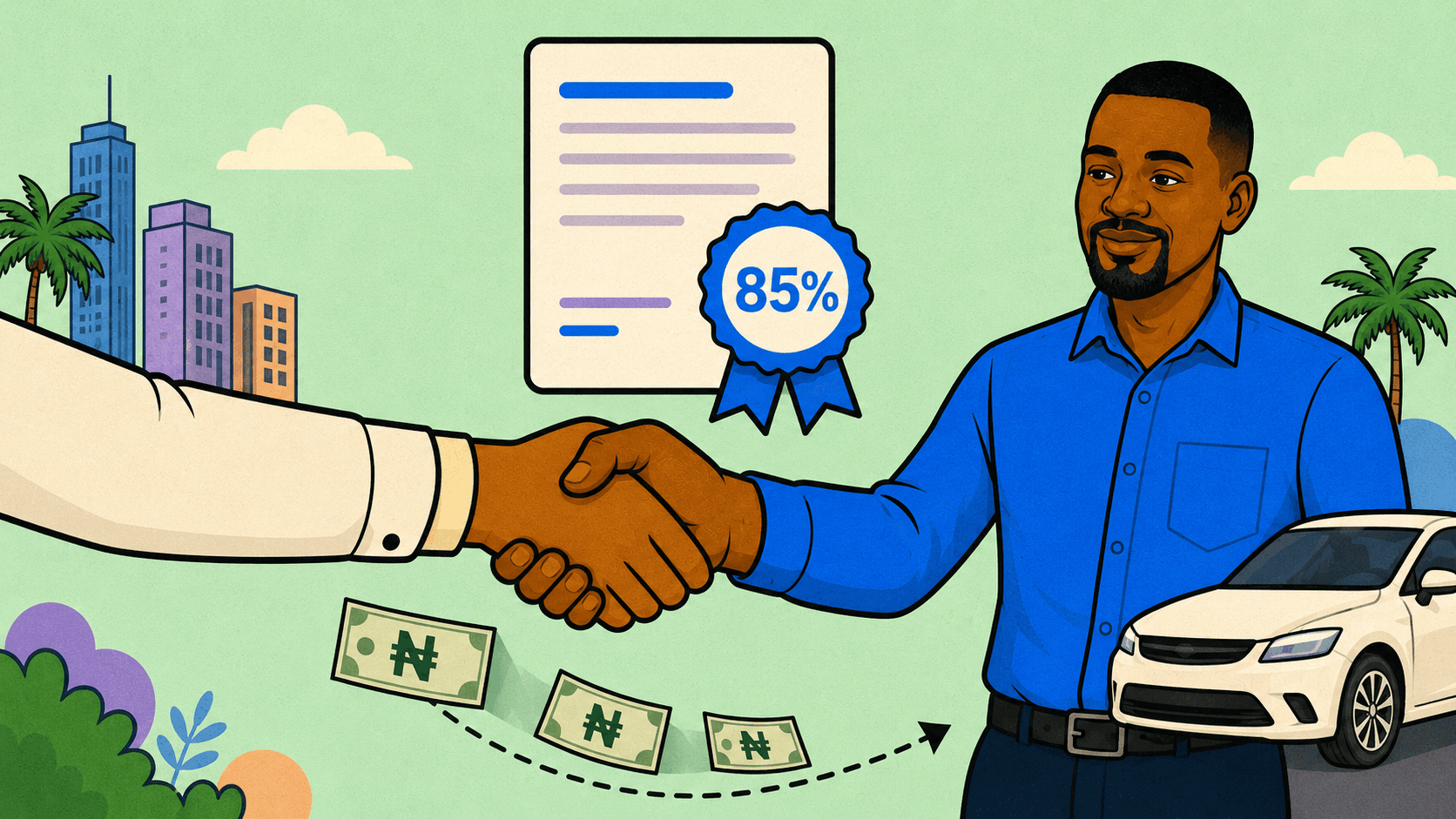 A handshake between RideFi and a Lagos driver, written commitments stamped underneath