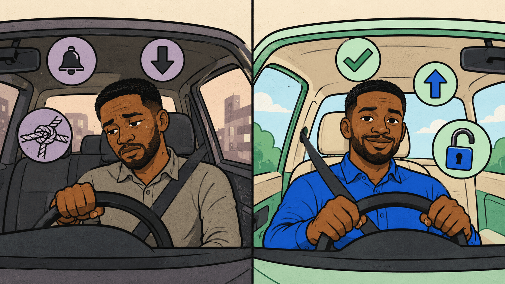 A driver's same daily route, transformed from empty seats and fuel costs into verified passengers and steady income