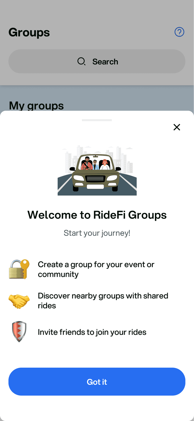 RideFi Groups home screen listing verified Nigerian groups with upcoming trips