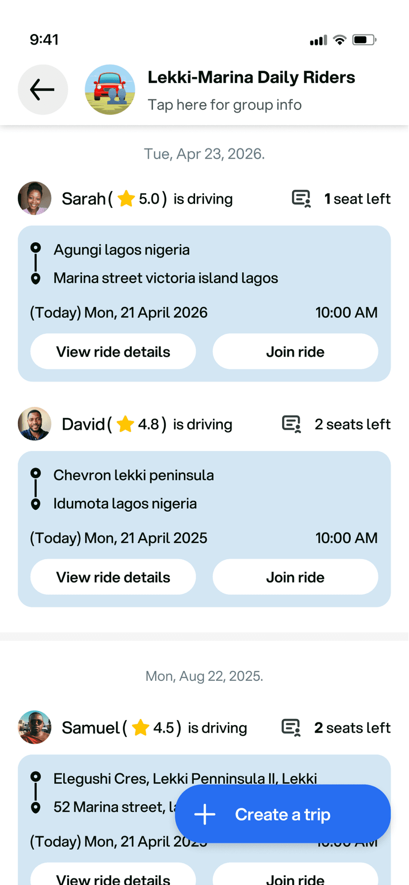 Inside a RideFi group, viewing trips posted by verified members