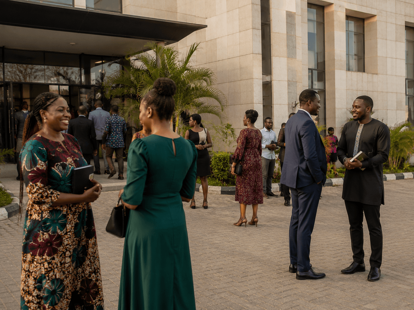 Members of a Lagos church arriving together at a Sunday service car park