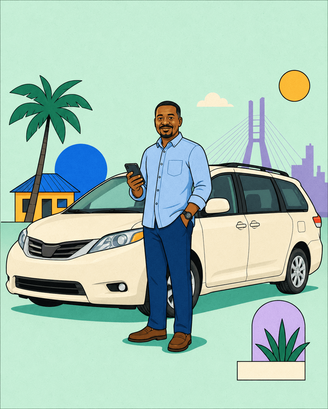 A smiling Nigerian driver behind the wheel of his sedan with verified RideFi passengers seated alongside him