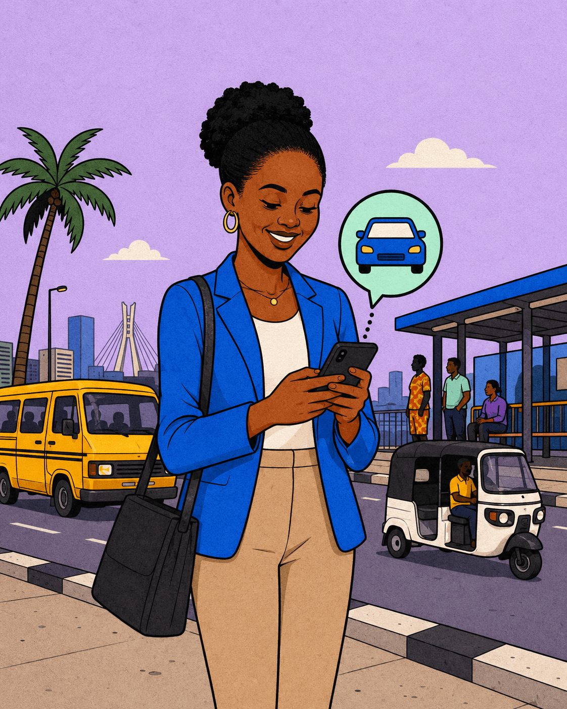 A young Lagos rider hopping into a verified RideFi carpool with her phone in hand