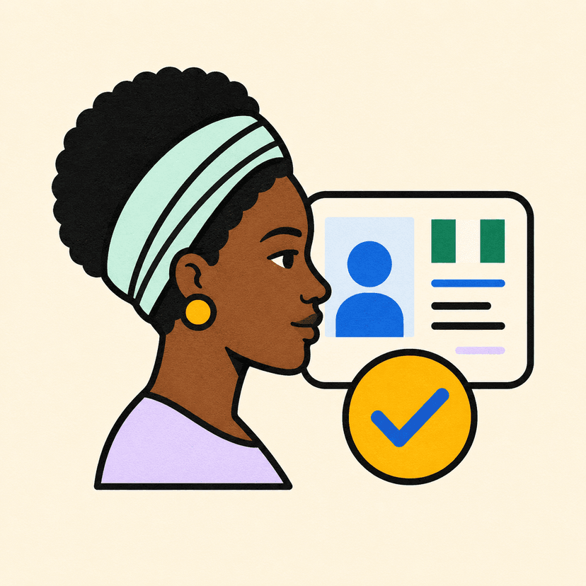 Identity verification badge with a government ID and selfie check icon