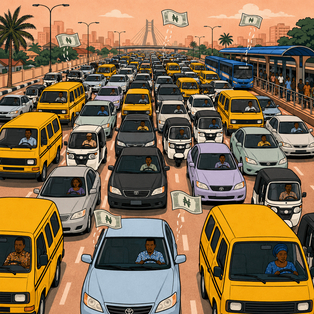 A frustrated solo commuter waiting in a long Lagos bus queue while empty seats pass by in other cars