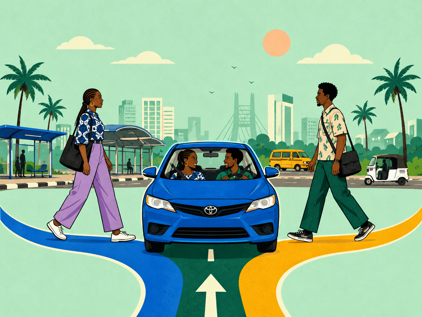 Verified Lagos commuters sharing a carpool in a Toyota along a busy mainland road at sunrise