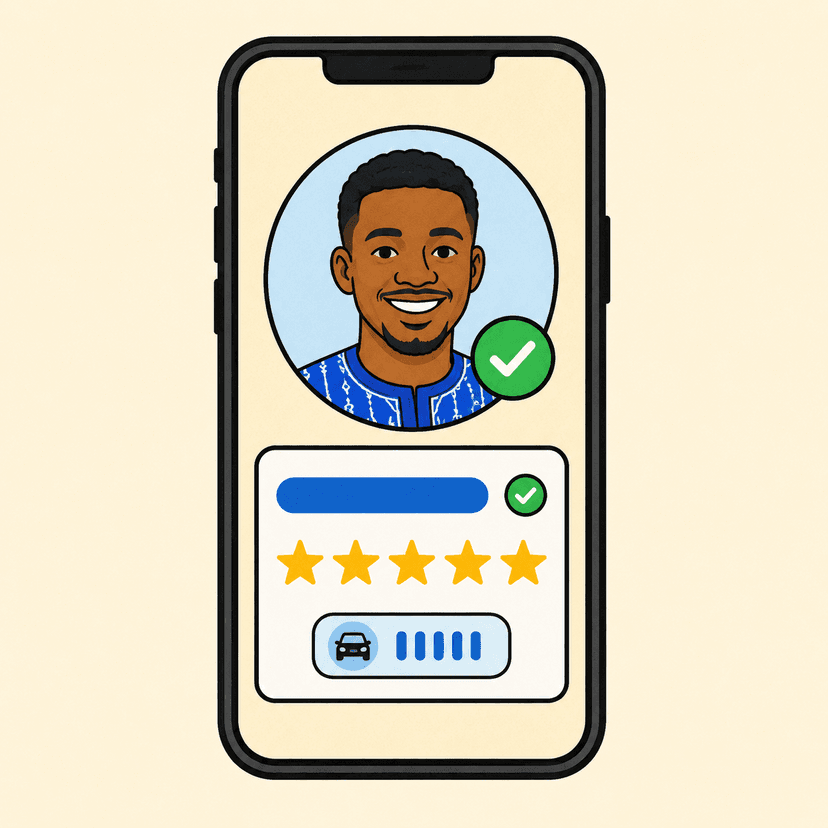 A phone showing a verified rider profile with photo, rating, and trip history