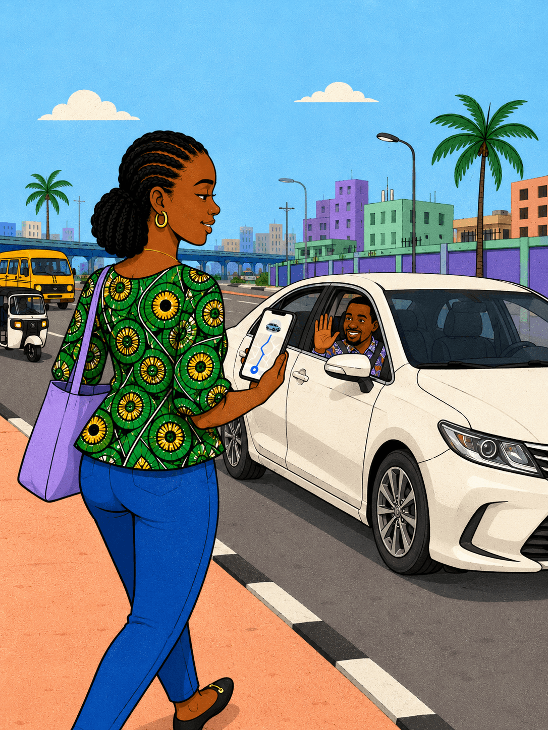RideFi rider walking up to a verified white car with the driver waving from the window