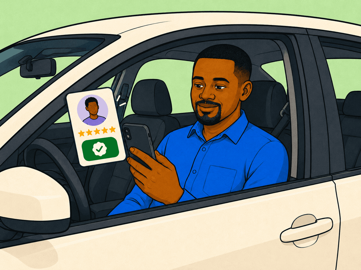 A driver reviewing a verified rider's profile, rating, and trip history before accepting the request