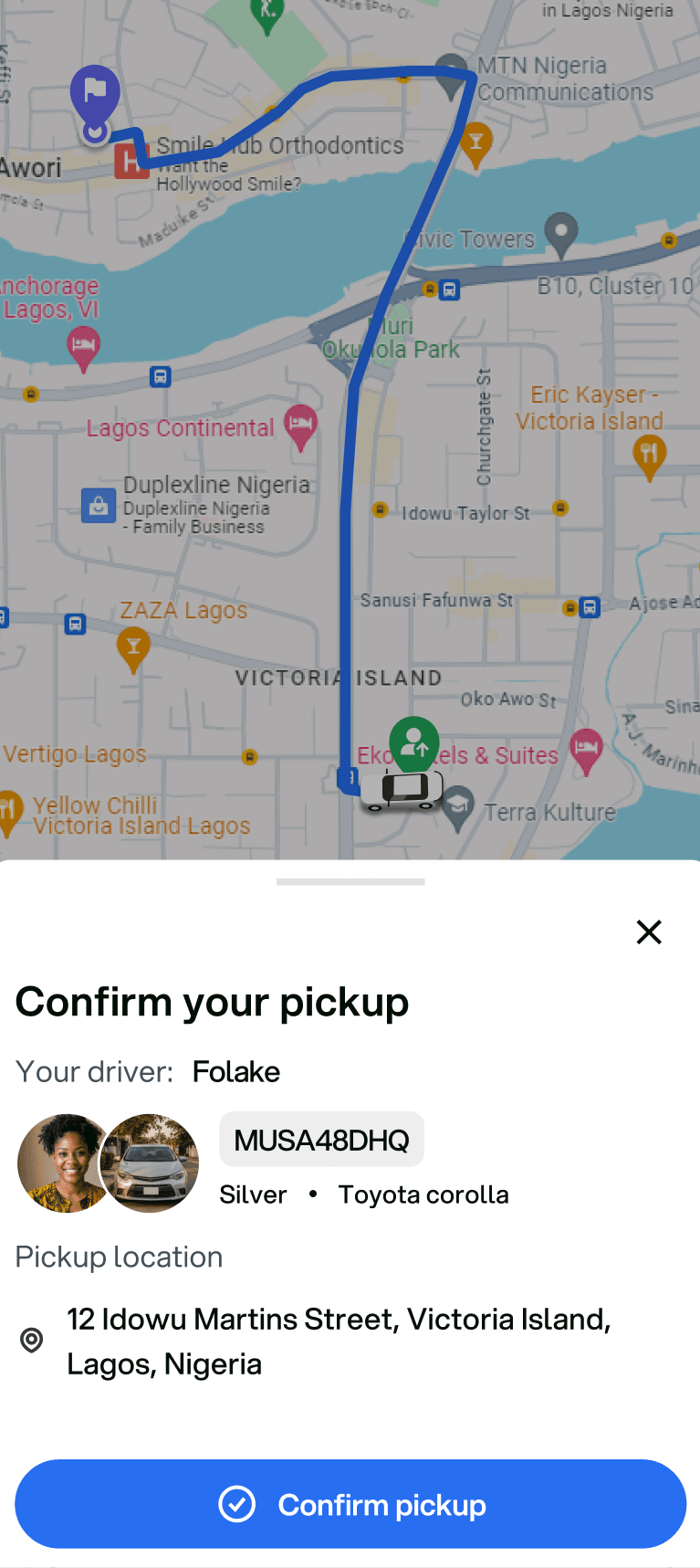Confirm pickup screen on the RideFi app