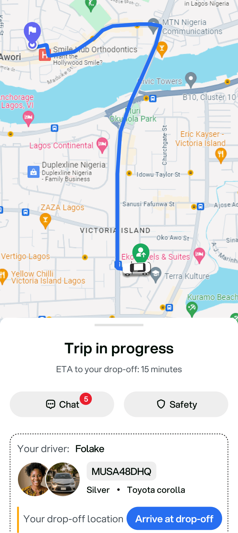 Active trip map screen on the RideFi app