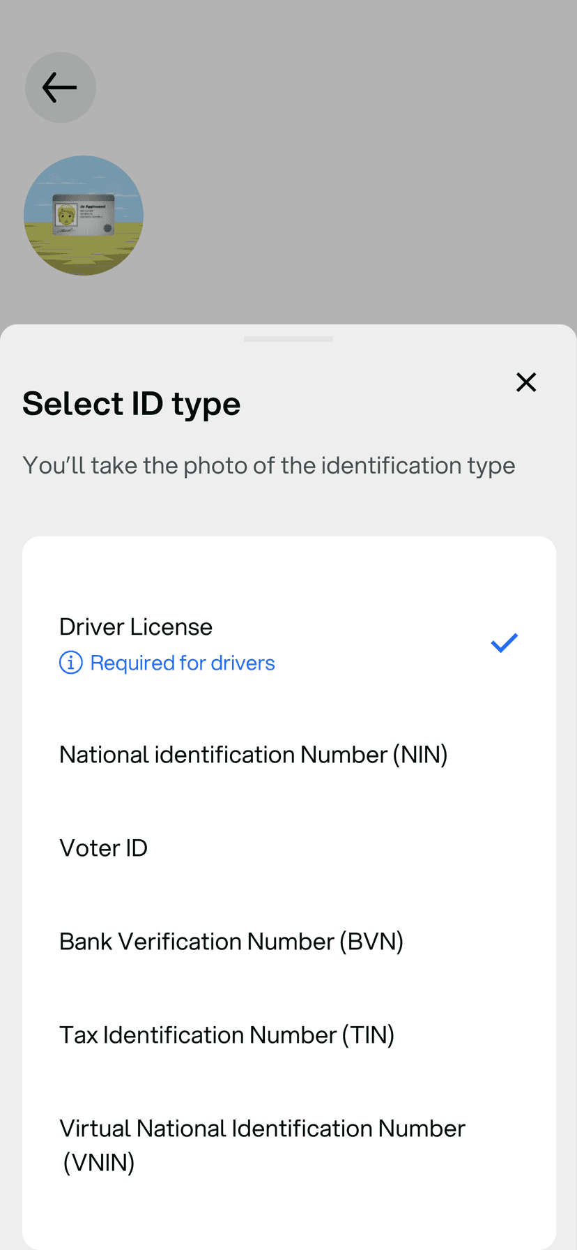 Government ID matching screen on the RideFi app