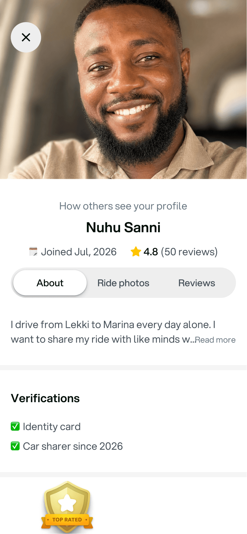Locked permanent profile identity on the RideFi app